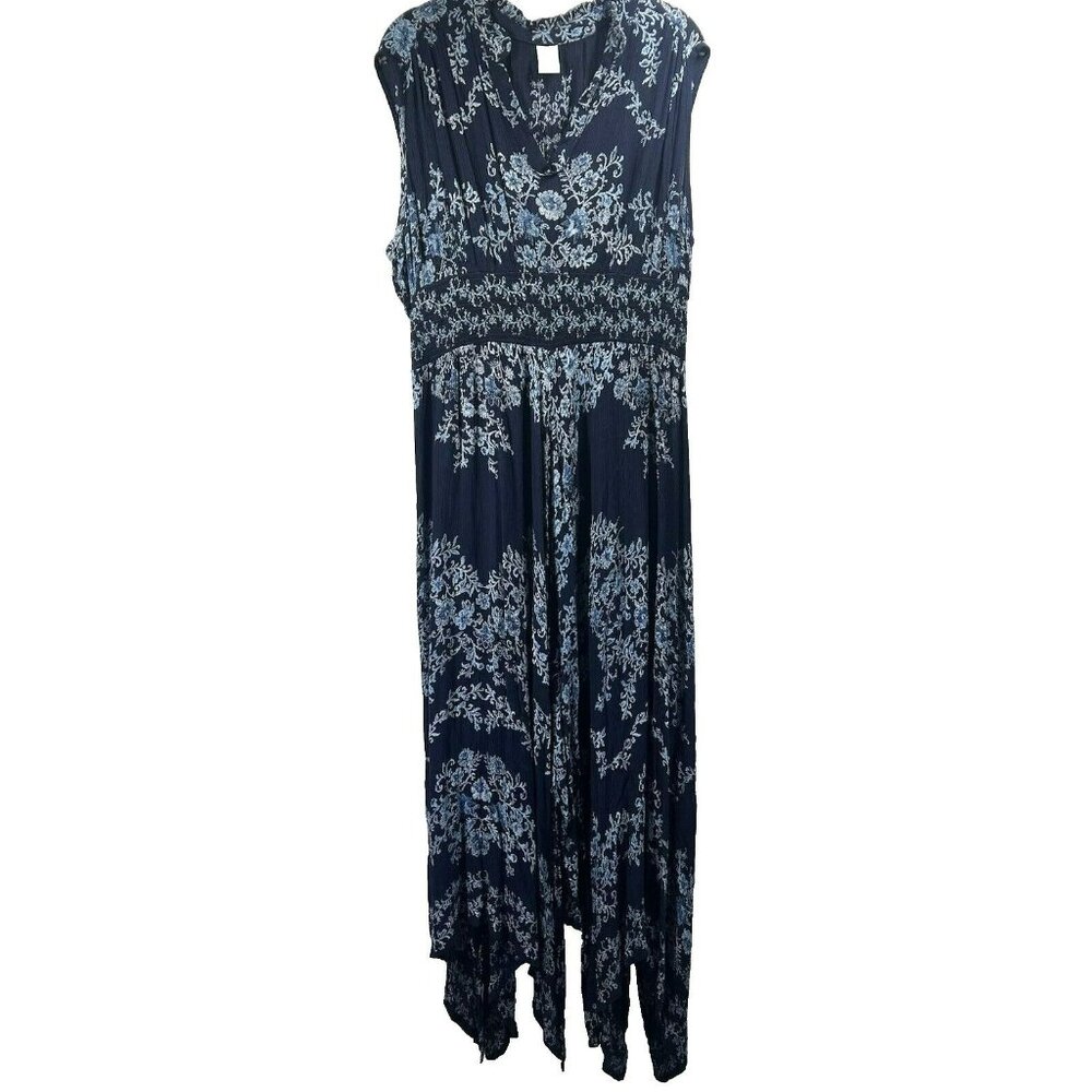 Bila Women's Maxi Dress Size Medium Blue Floral Sleeveless Boho Handkerchief Hem